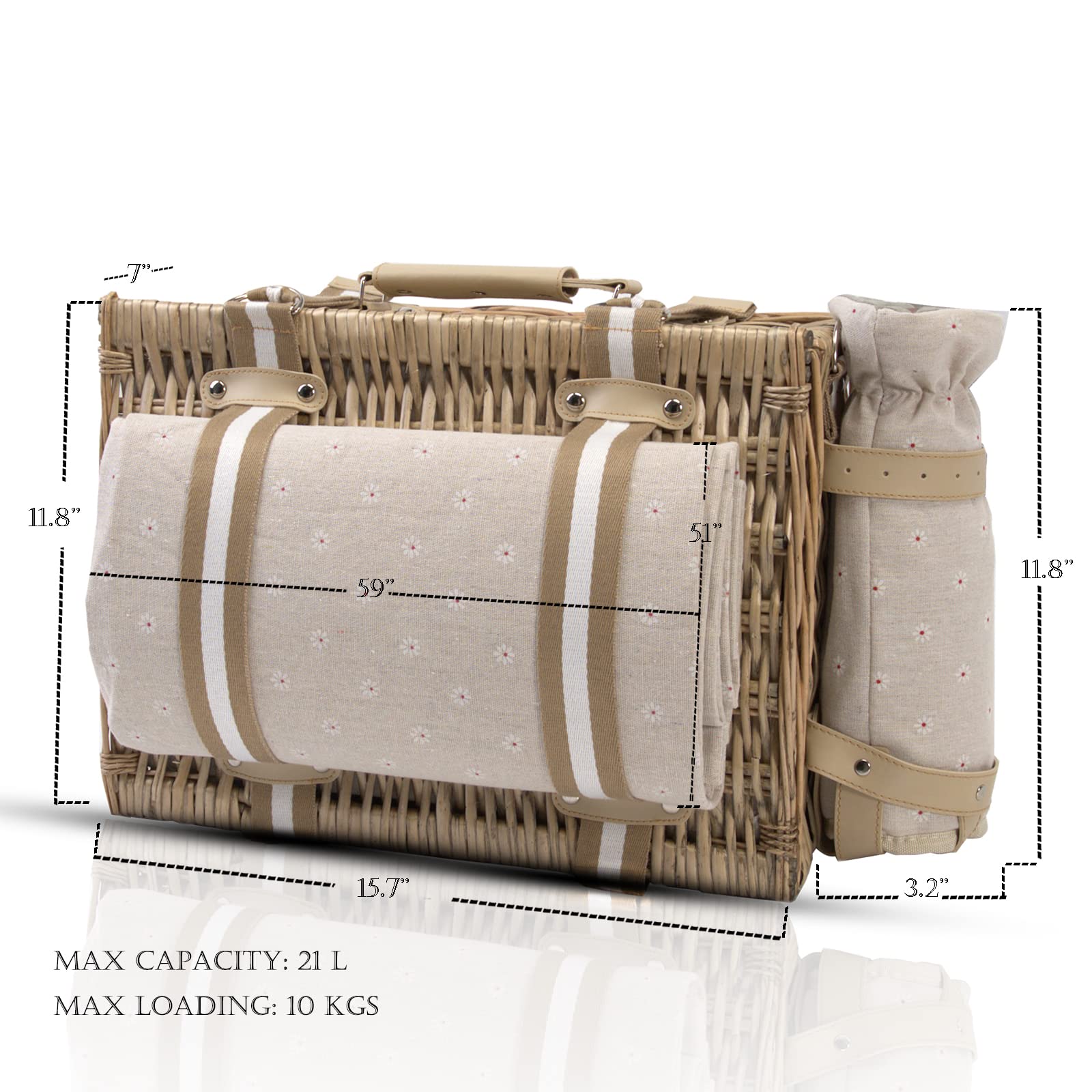 SatisInside Picnic Basket open with plates, glasses and utensils