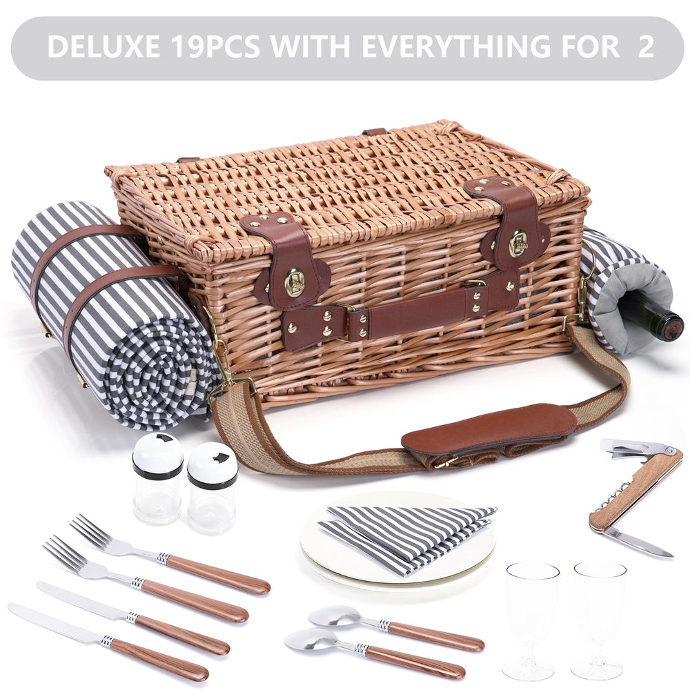 SatisInside Picnic Basket set up on grass with food