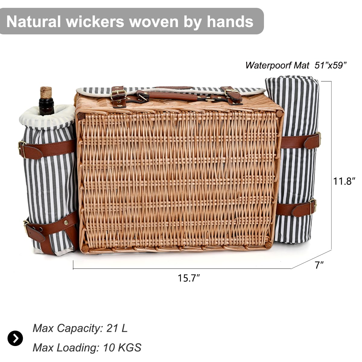 SatisInside picnic basket stripes design with leatherette handle