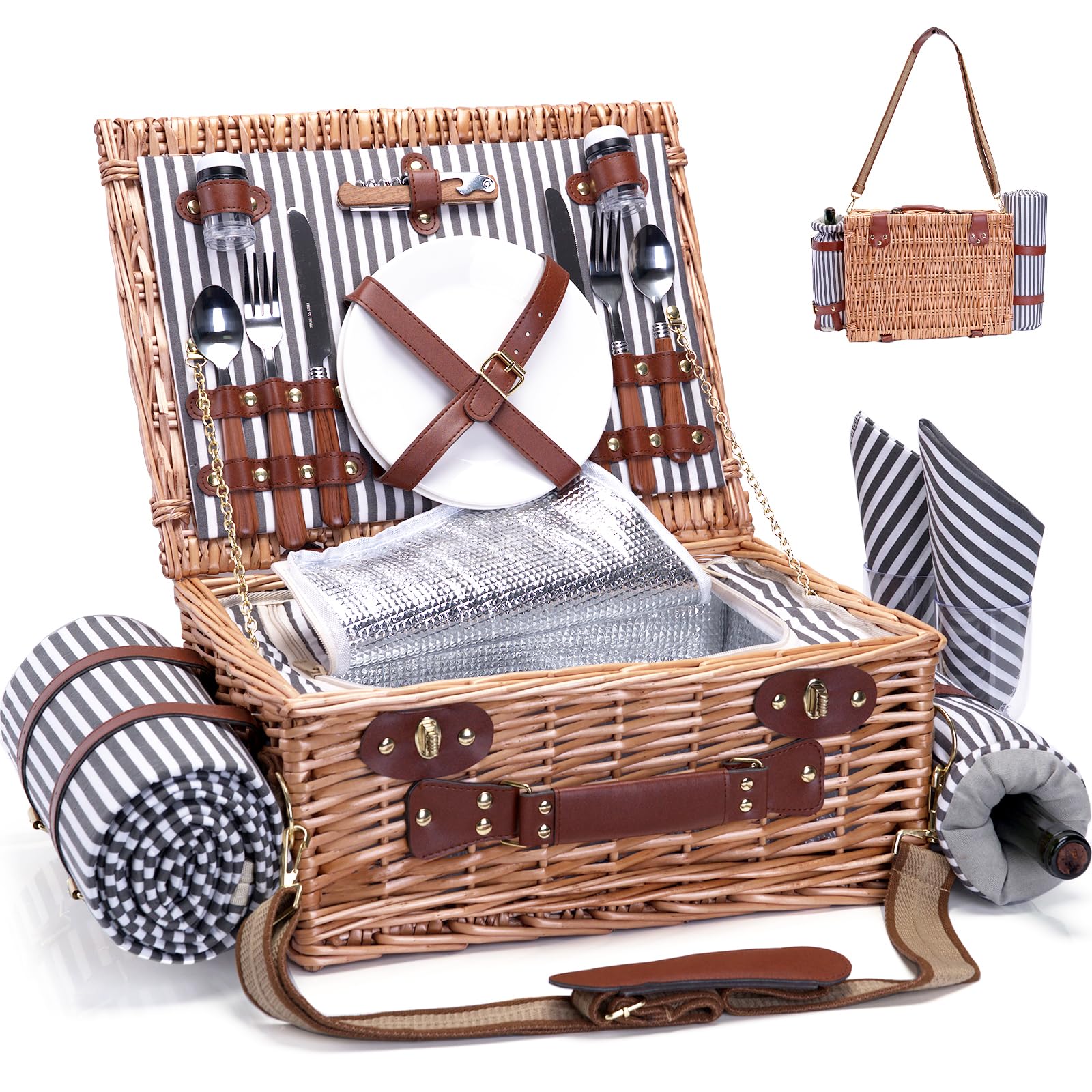 SatisInside Picnic Basket with Blanket for 2, front view