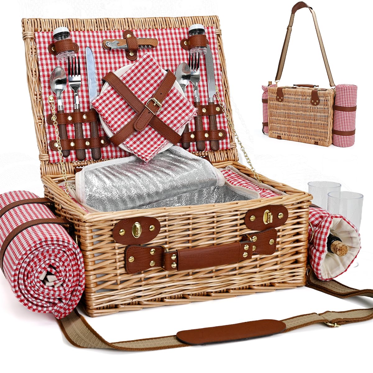 SatisInside Picnic Basket with Blanket for 2, Red Gingham front view
