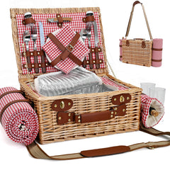 SatisInside Picnic Basket with Blanket for 2, Red Gingham front view
