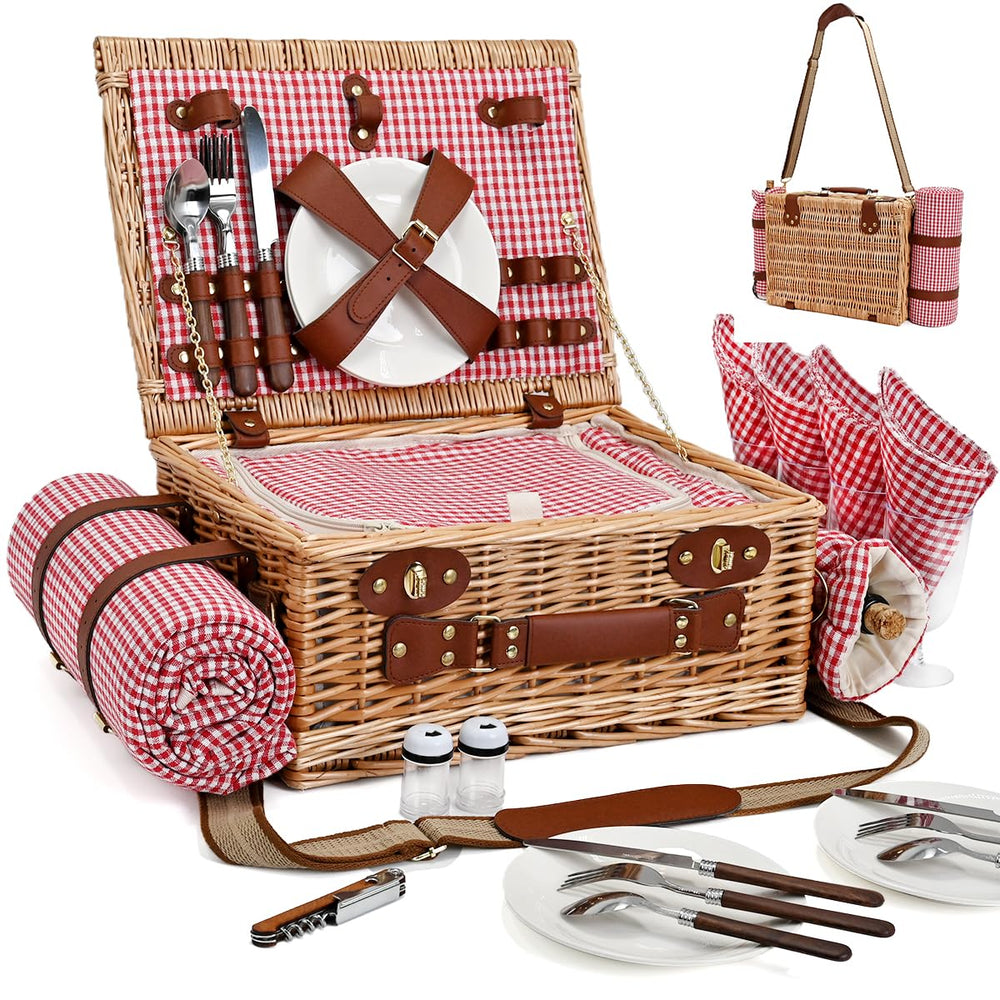 SatisInside picnic basket with blanket on a picnic setup