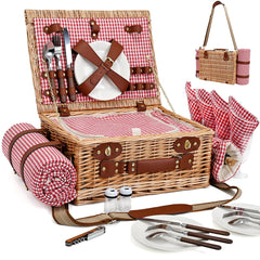 SatisInside picnic basket with blanket on a picnic setup