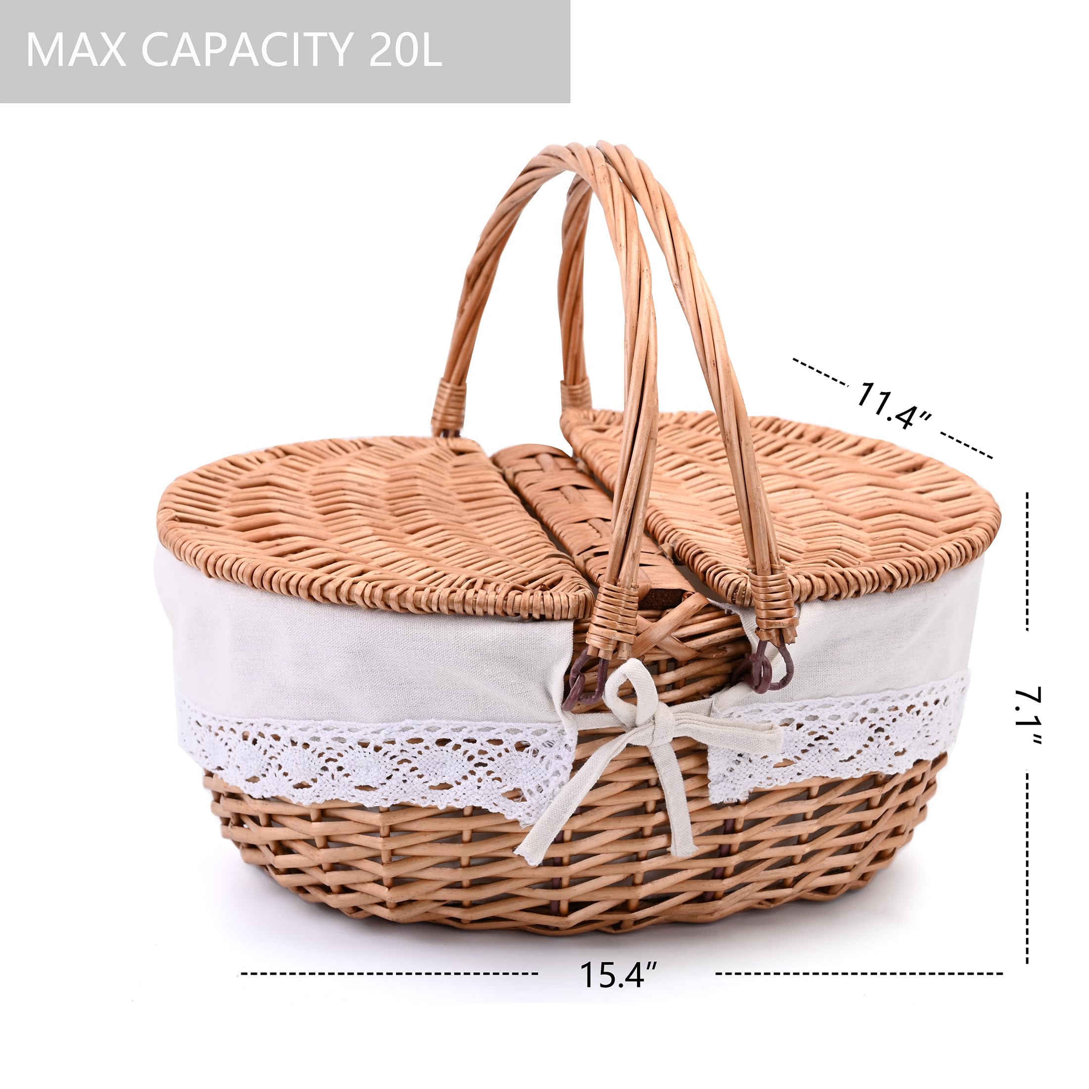 SatisInside Wicker Picnic Basket dual-entry lids and handles
