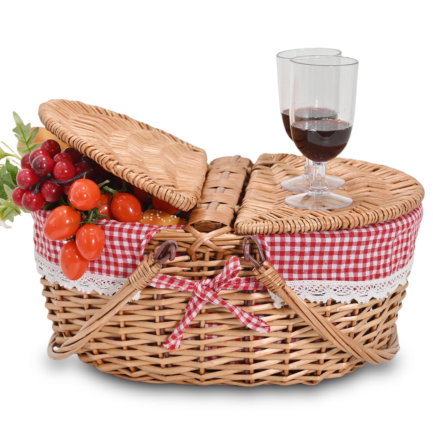 SatisInside Wicker Picnic Basket folded handles for easy storage
