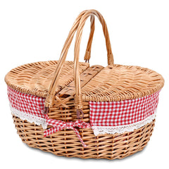 SatisInside Wicker Picnic Basket front view with checkered liner