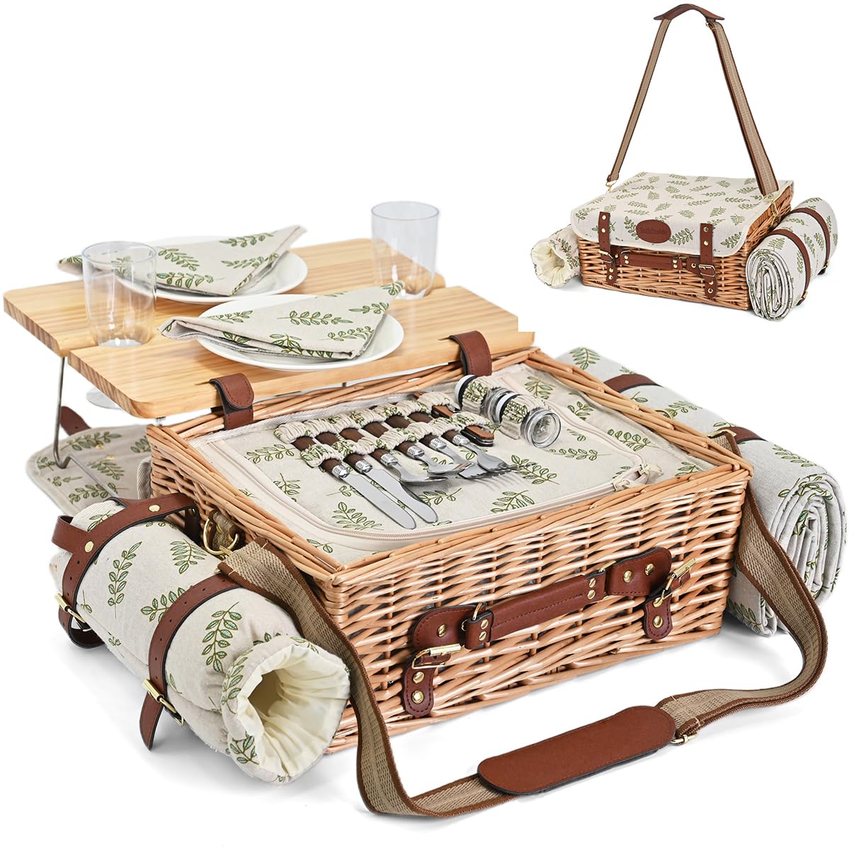 SatisInside wicker picnic basket set for 2 with blanket and table