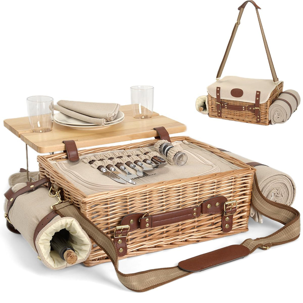 SatisInside wicker picnic basket set for 2 with blanket and table