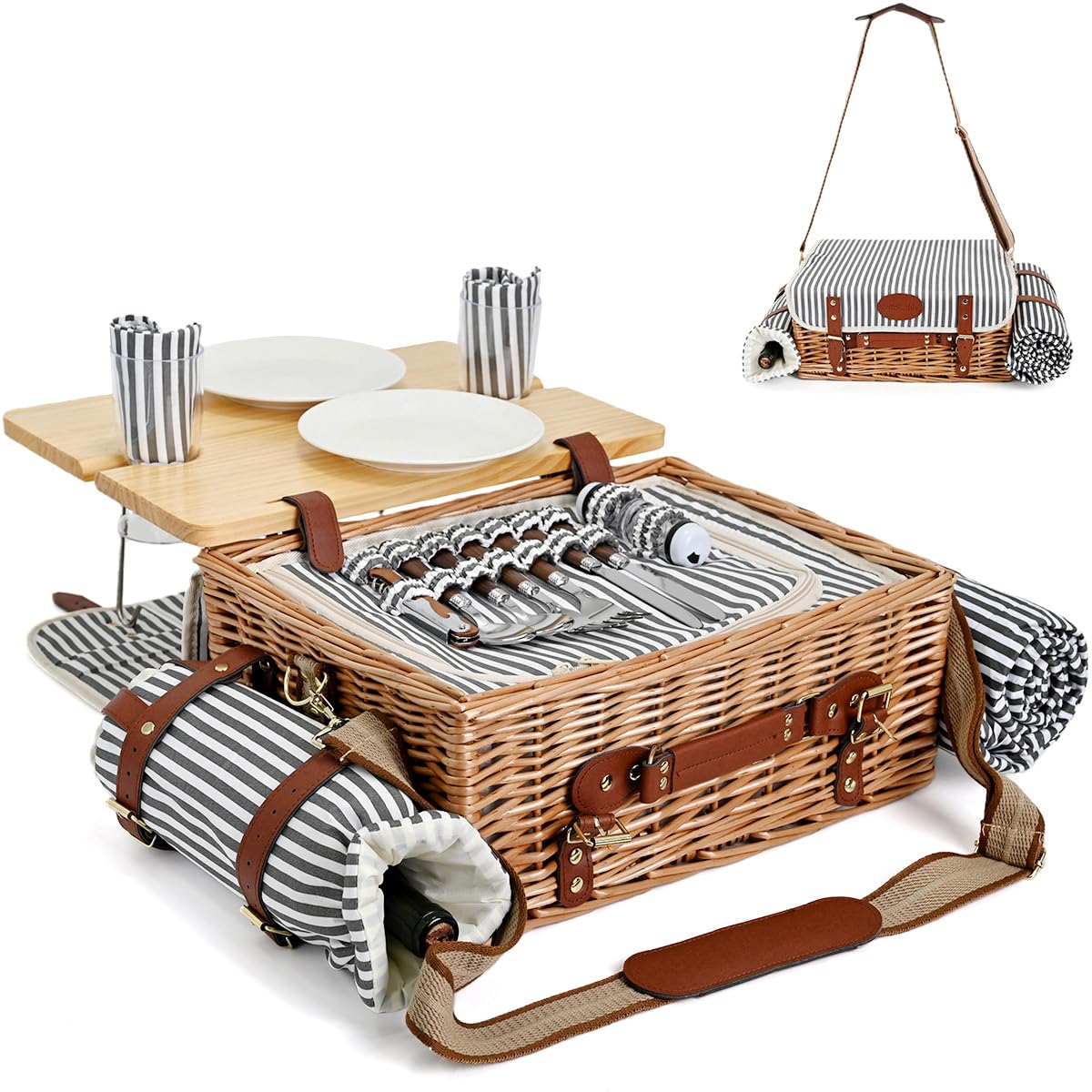 SatisInside Wicker Picnic Basket Set for 2 with insulated interior