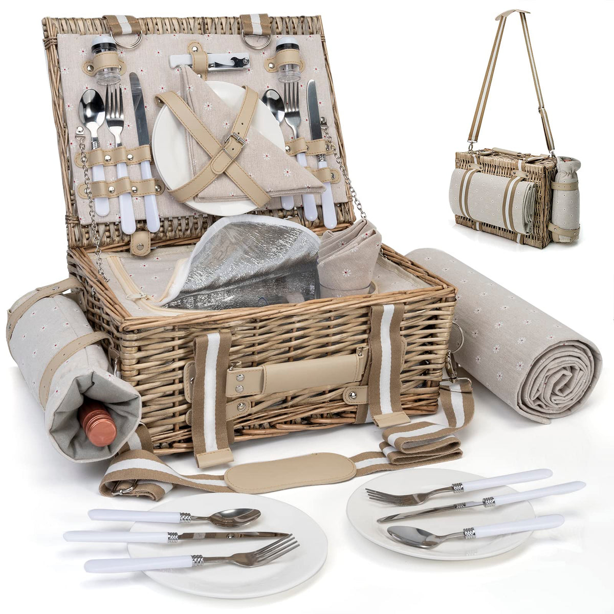 SatisInside Wicker Picnic Basket Set for 4 Grey with Insulated Liner
