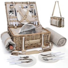 SatisInside Wicker Picnic Basket Set for 4 Grey with Insulated Liner