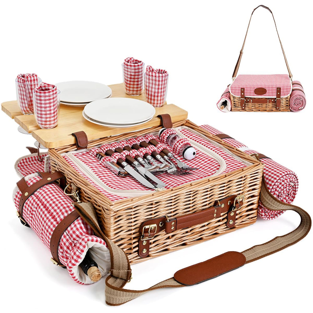 SatisInside wicker picnic basket set for 4 with blanket and table