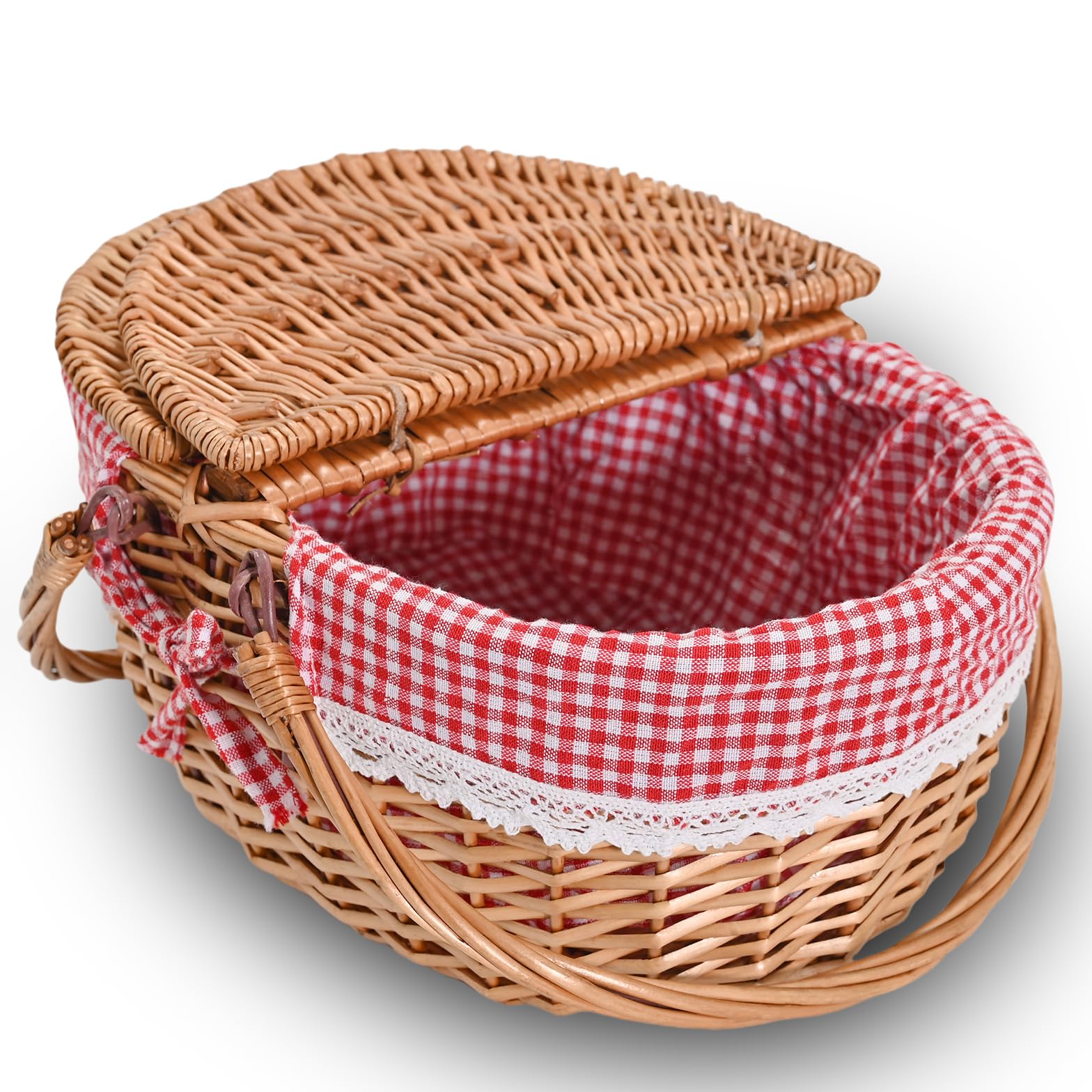 SatisInside Wicker Picnic Basket side view showing dual-entry lids