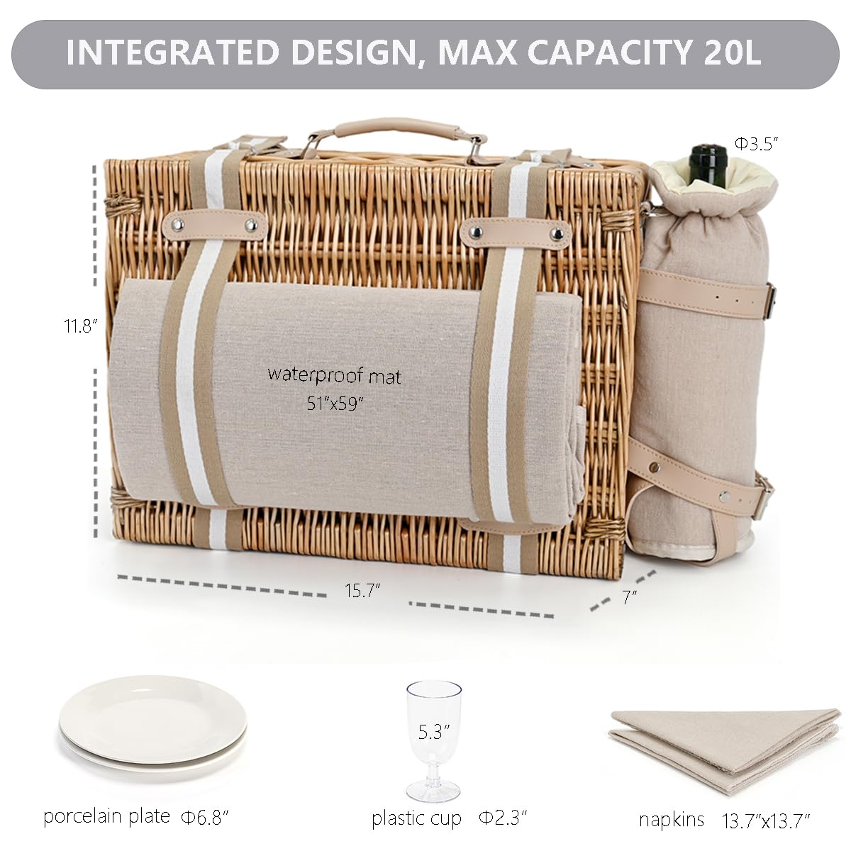 SatisInside wicker picnic basket side view with shoulder strap