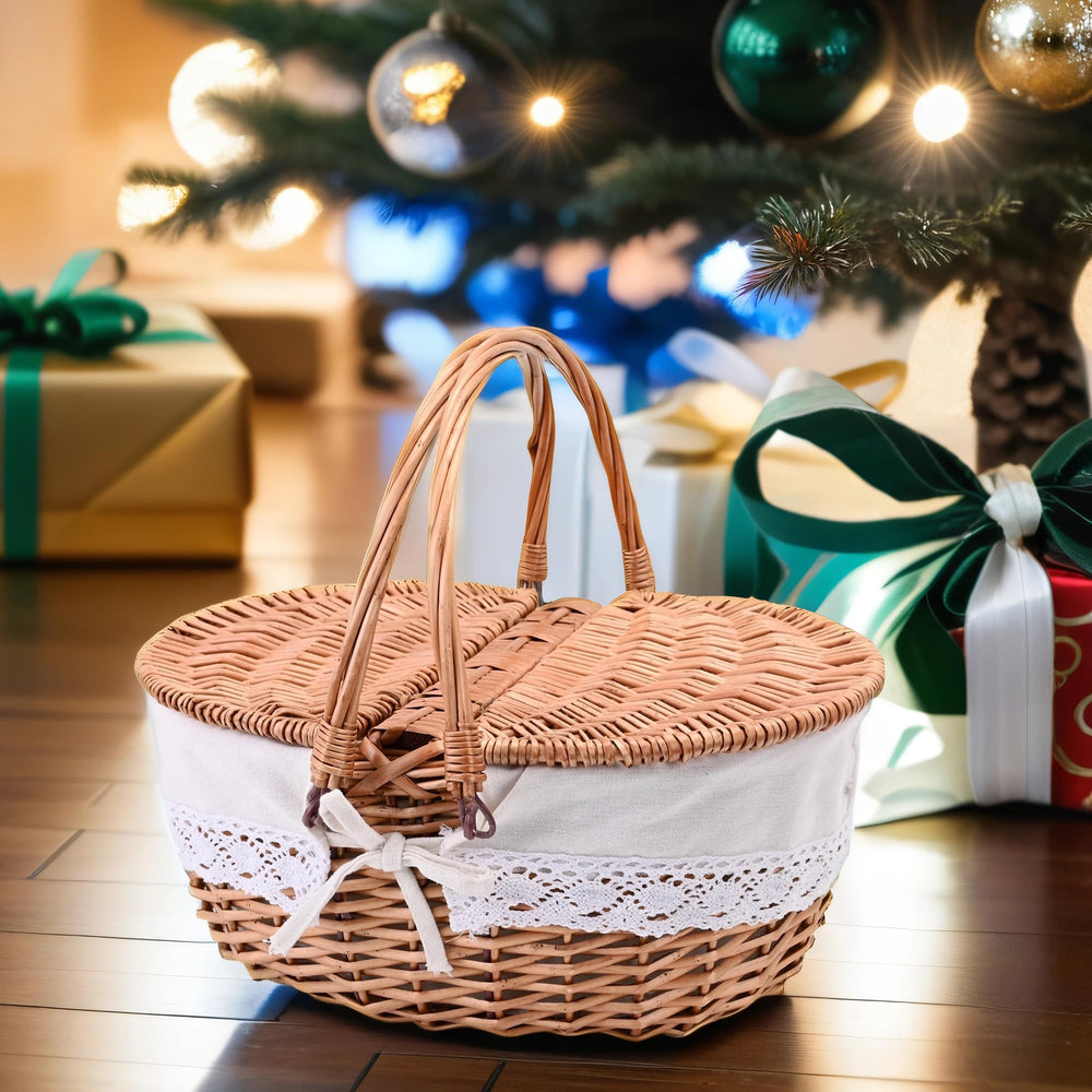 SatisInside Wicker Picnic Basket with food and drinks inside