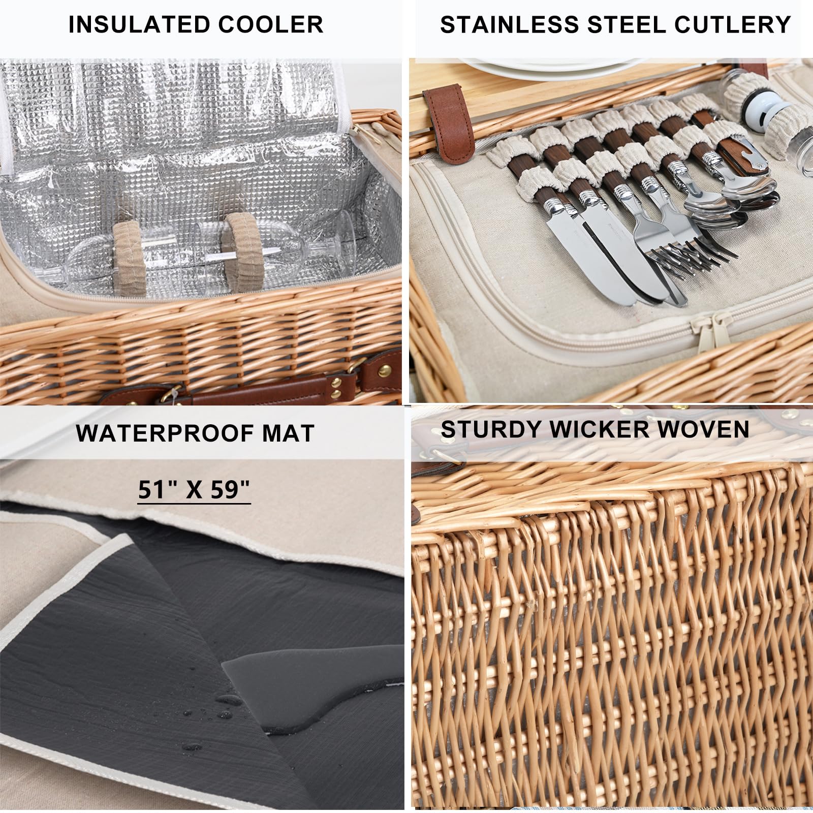 SatisInside wicker picnic basket with pine lid as table