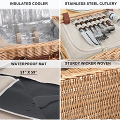 SatisInside wicker picnic basket with pine lid as table