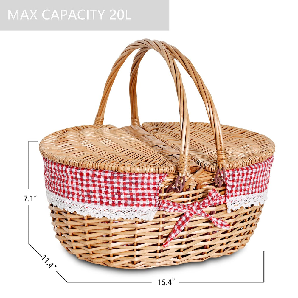 SatisInside Wicker Picnic Basket with removable liner laid out