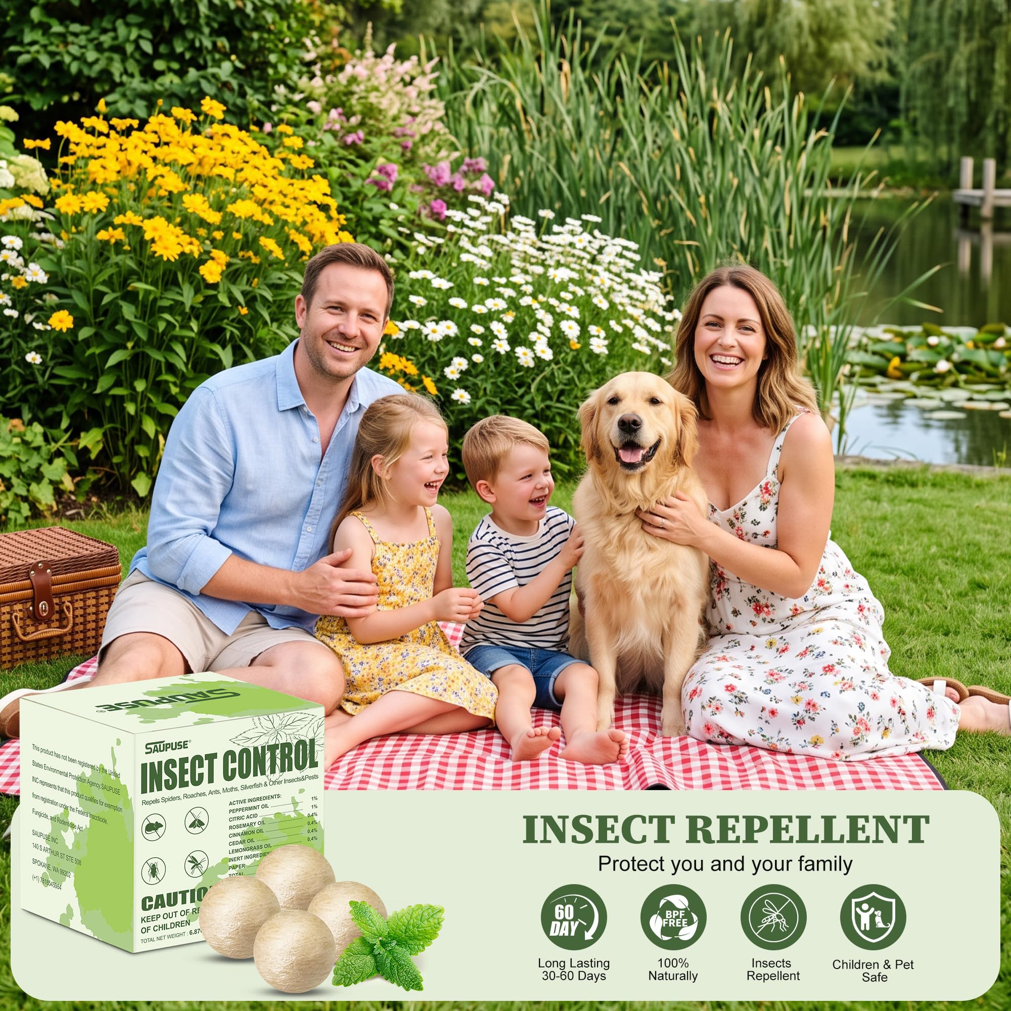 SAUPUSE Spider Repellent Balls in use around outdoor plants