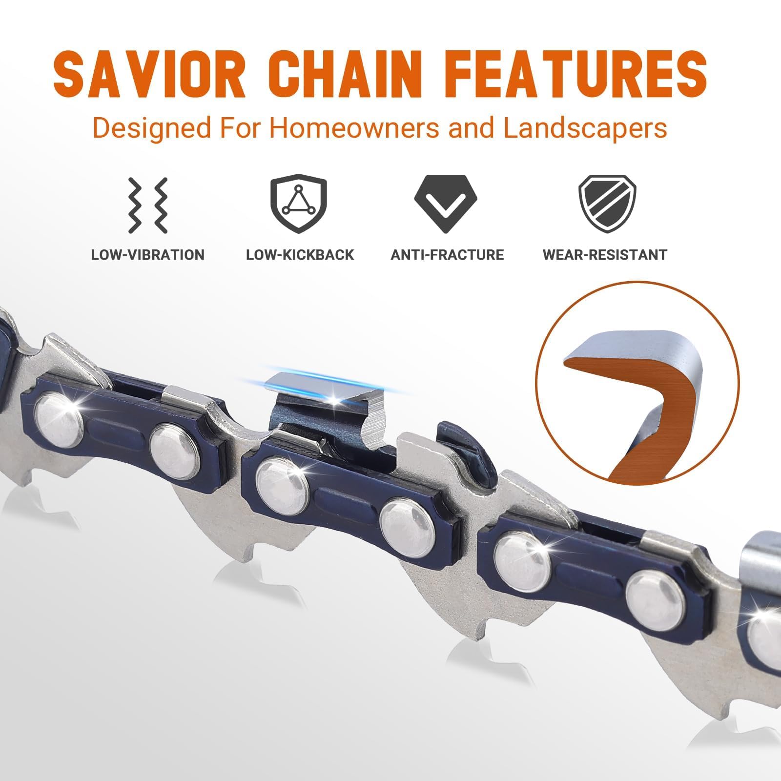 Savior 16-inch chainsaw chain close-up showing drive links