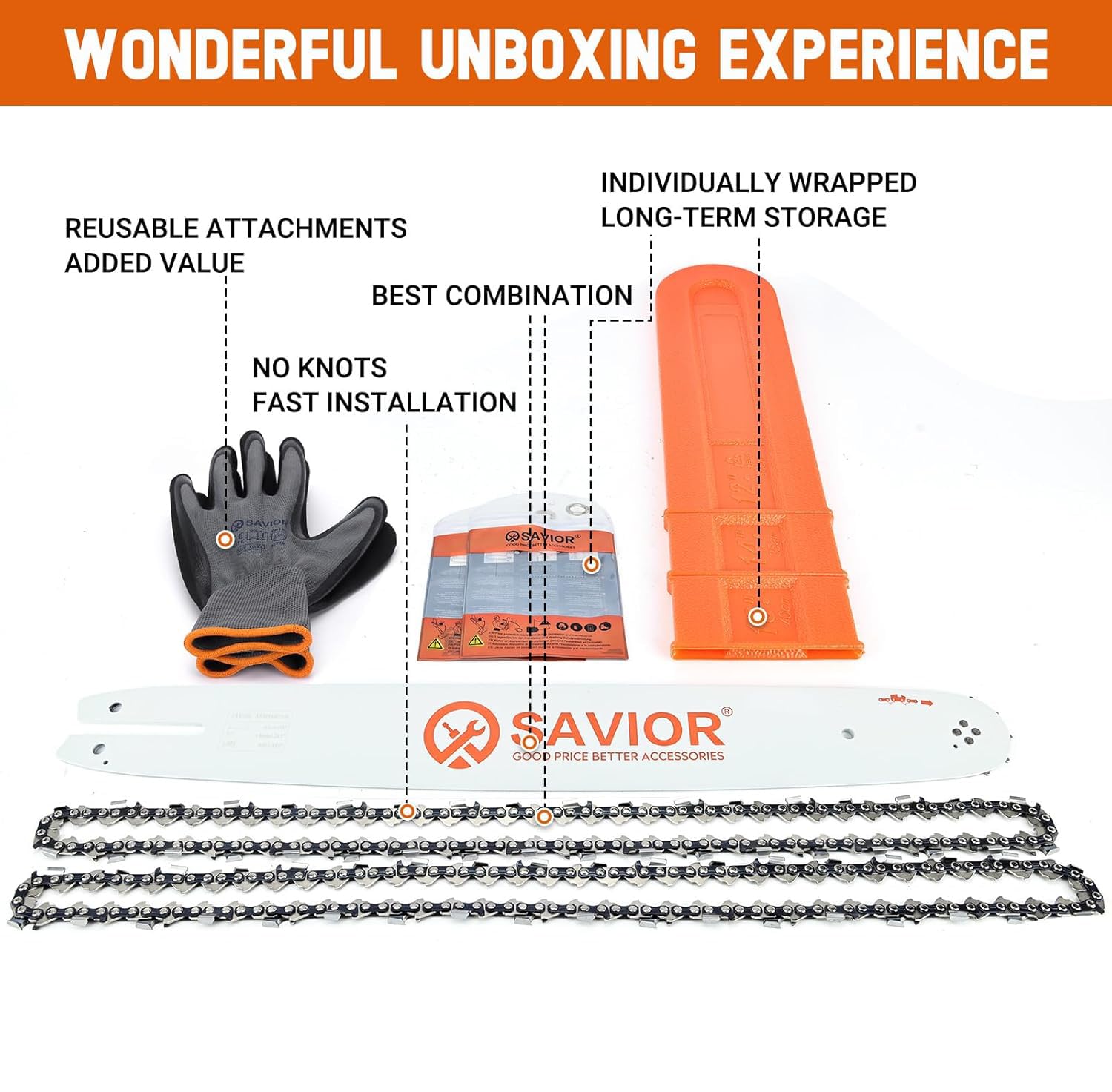 Savior chainsaw bar with detailed specifications on the label