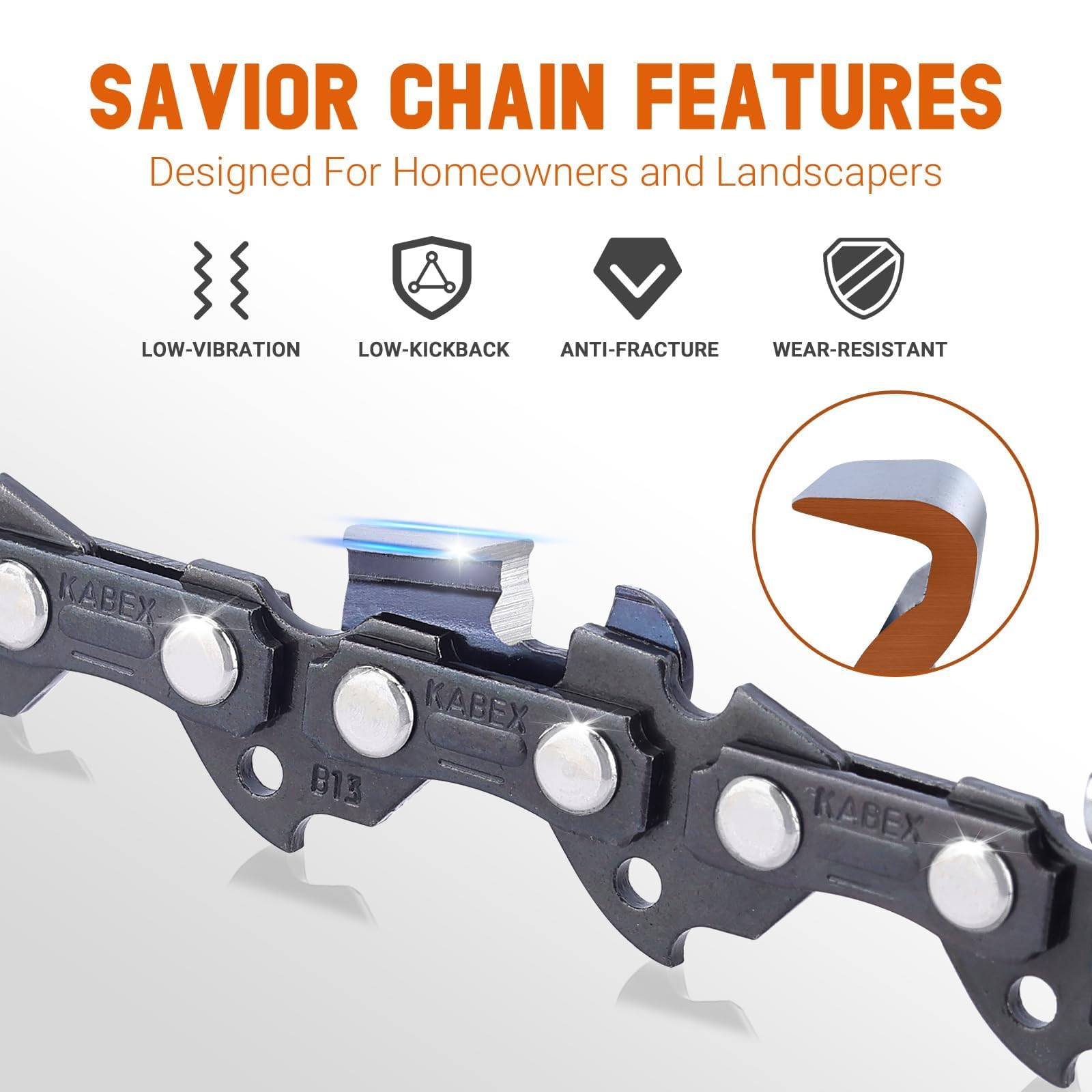 Savior chainsaw chain displayed with gloves and storage bags