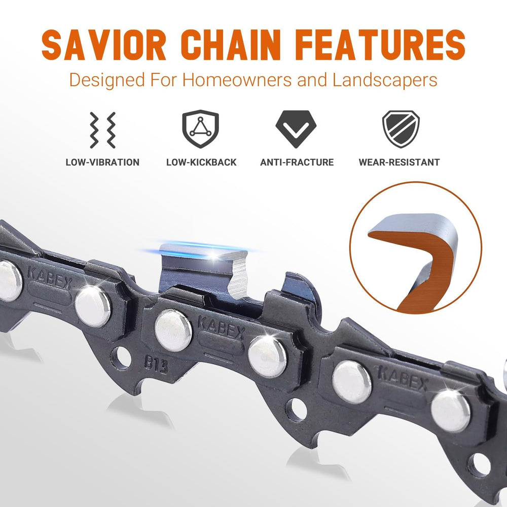 Savior chainsaw chain displayed with gloves and storage bags