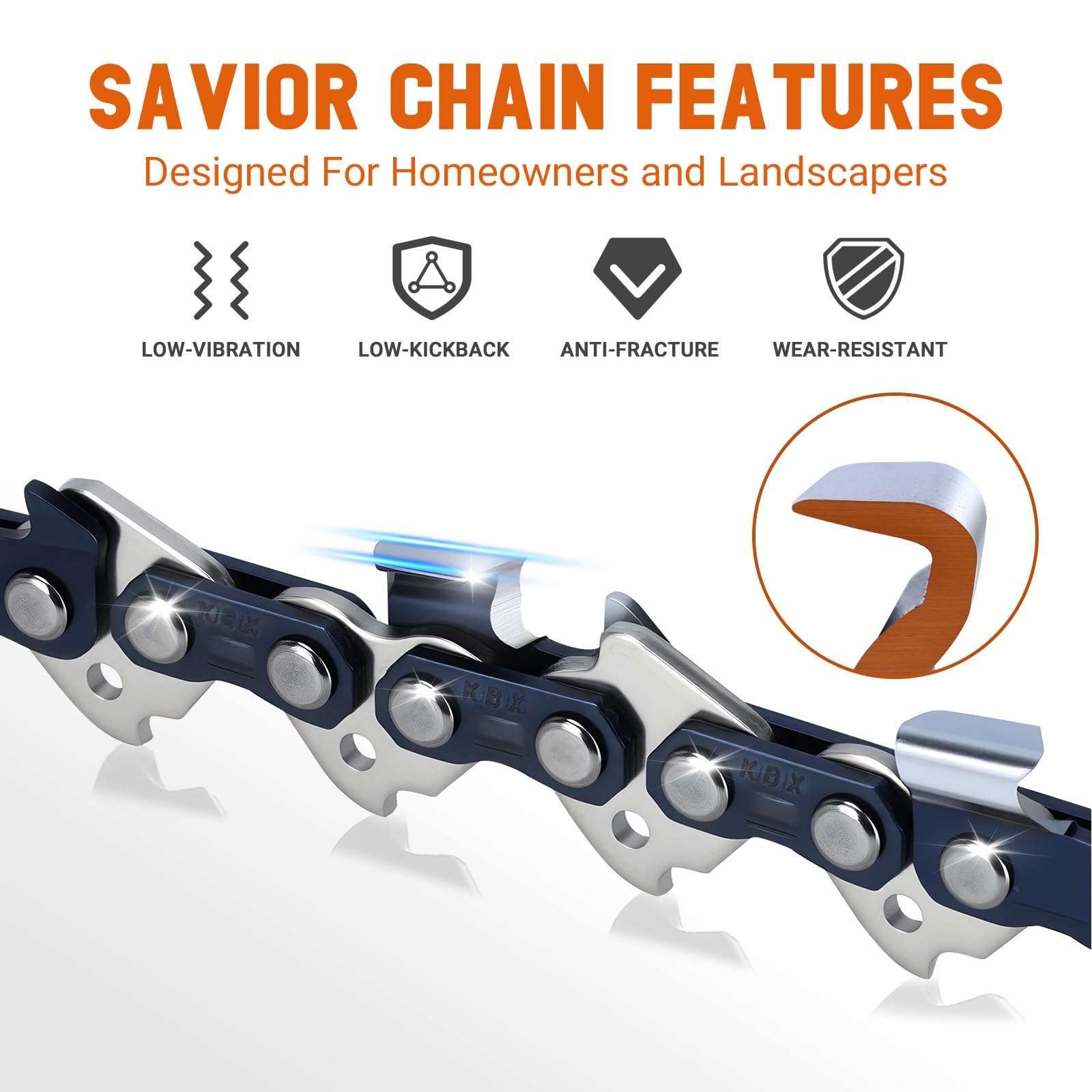 Savior chainsaw chains showing gauge and pitch