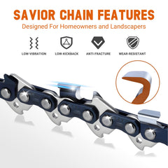 Savior chainsaw chains showing gauge and pitch