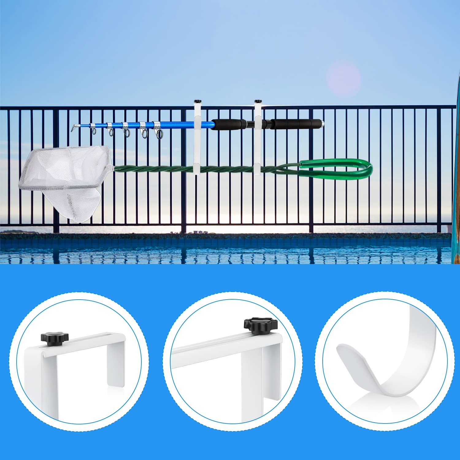 SAVITA adjustable pool hooks installed on a fence