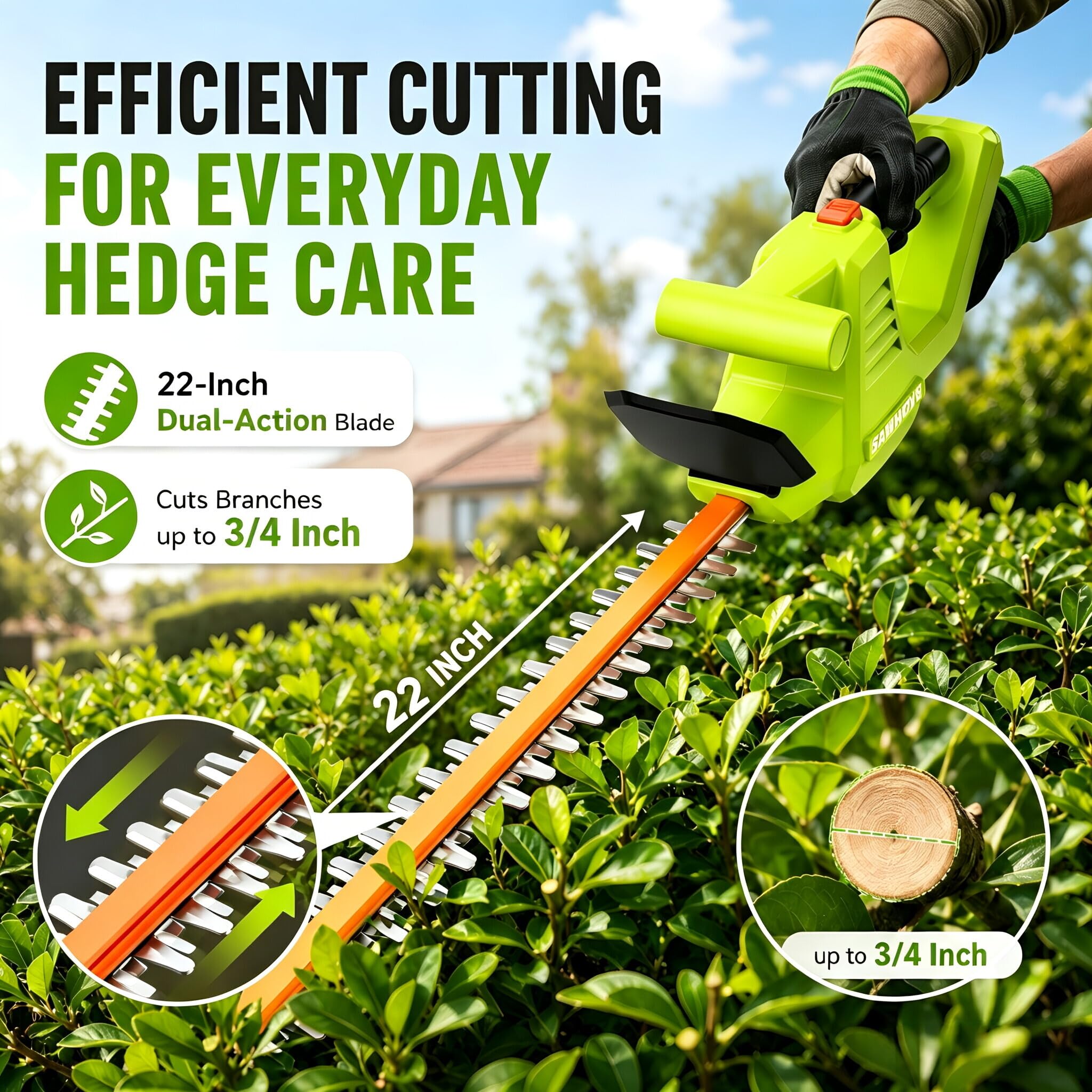 SAWMOVE 20V hedge trimmer with two detachable batteries and charger