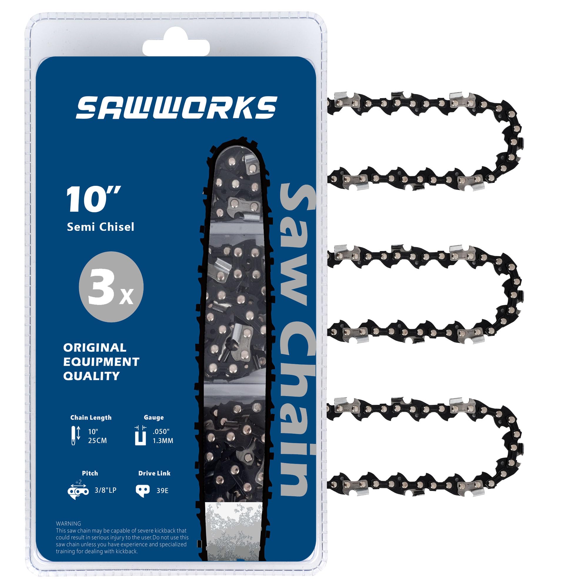 SawWorks 10 Inch Chainsaw Chain 3-Pack Blue-gray front view