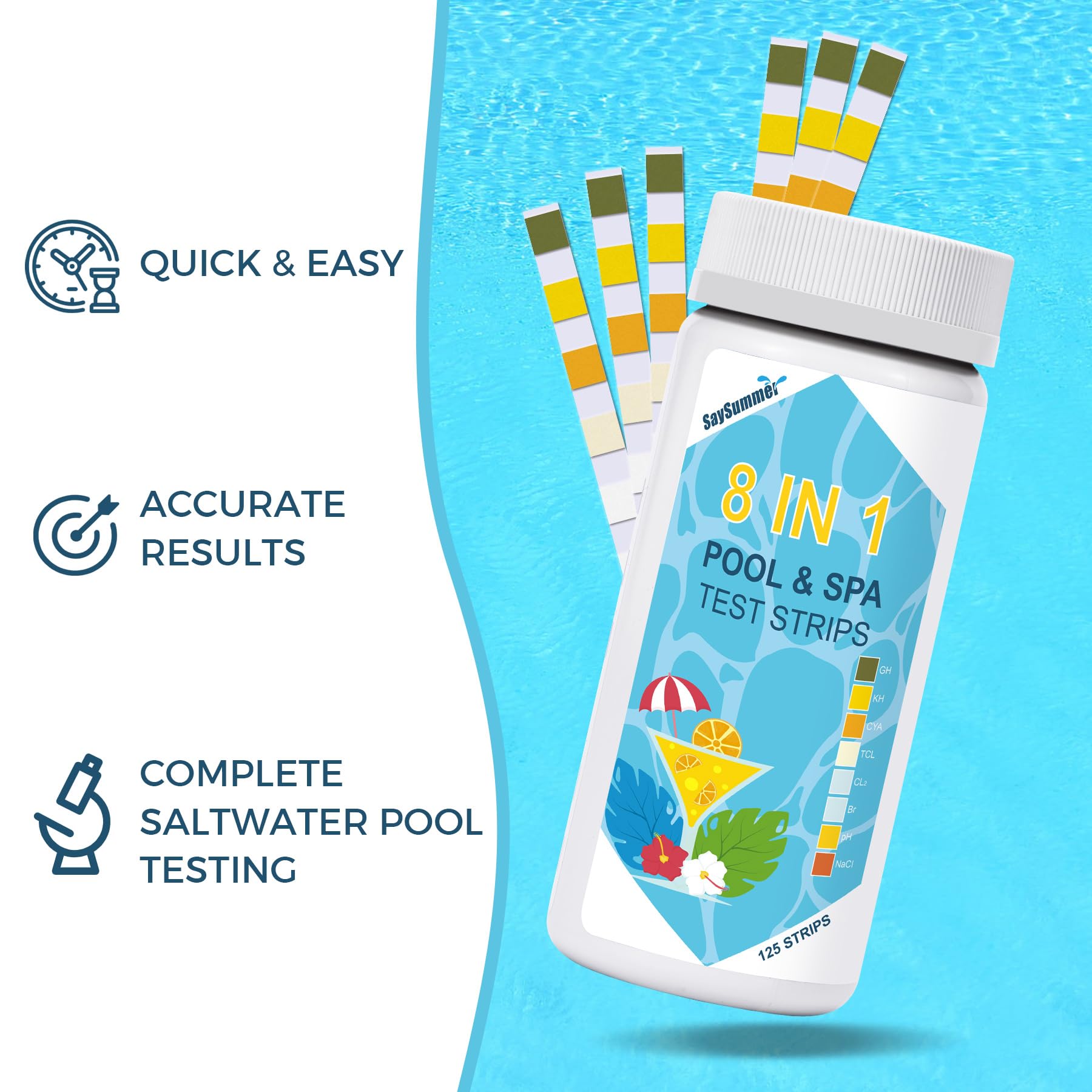 SaySummer Salt-Water Pool Test Strips color chart
