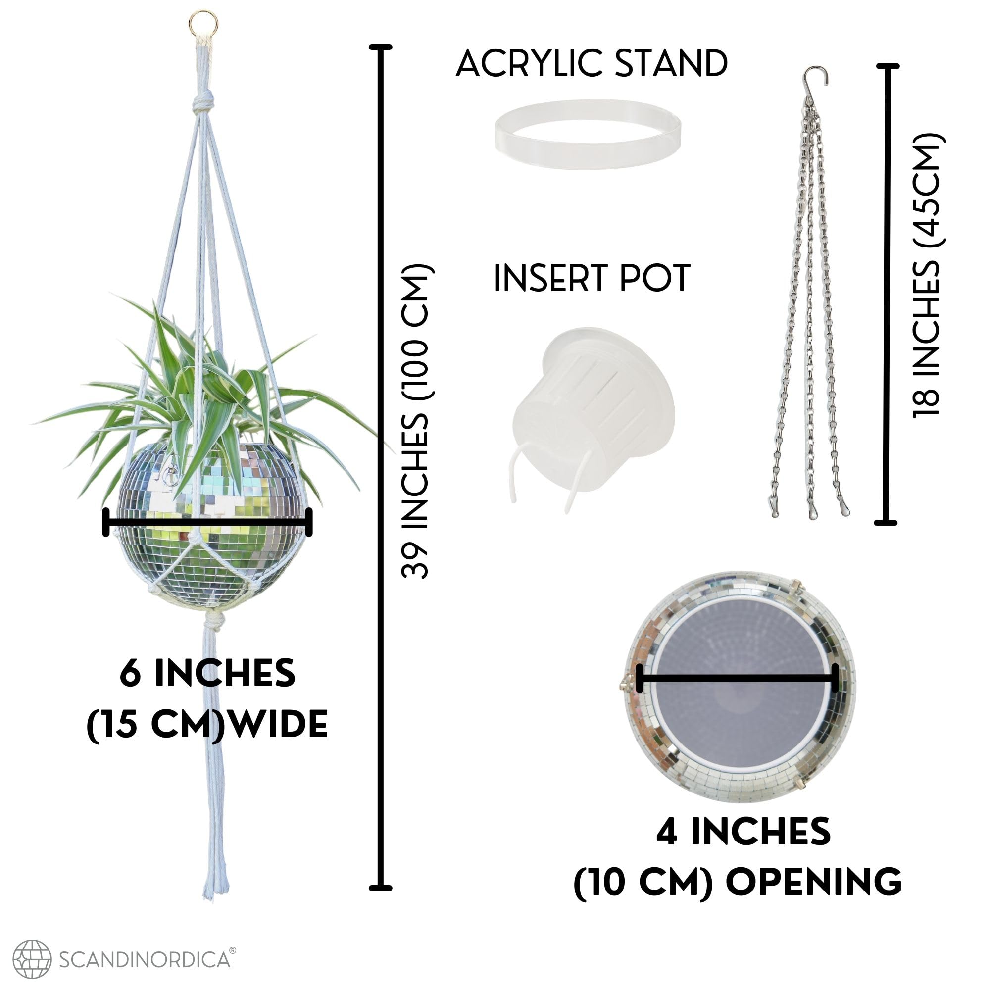 SCANDINORDICA Disco Ball Planter displayed on acrylic stand with plants