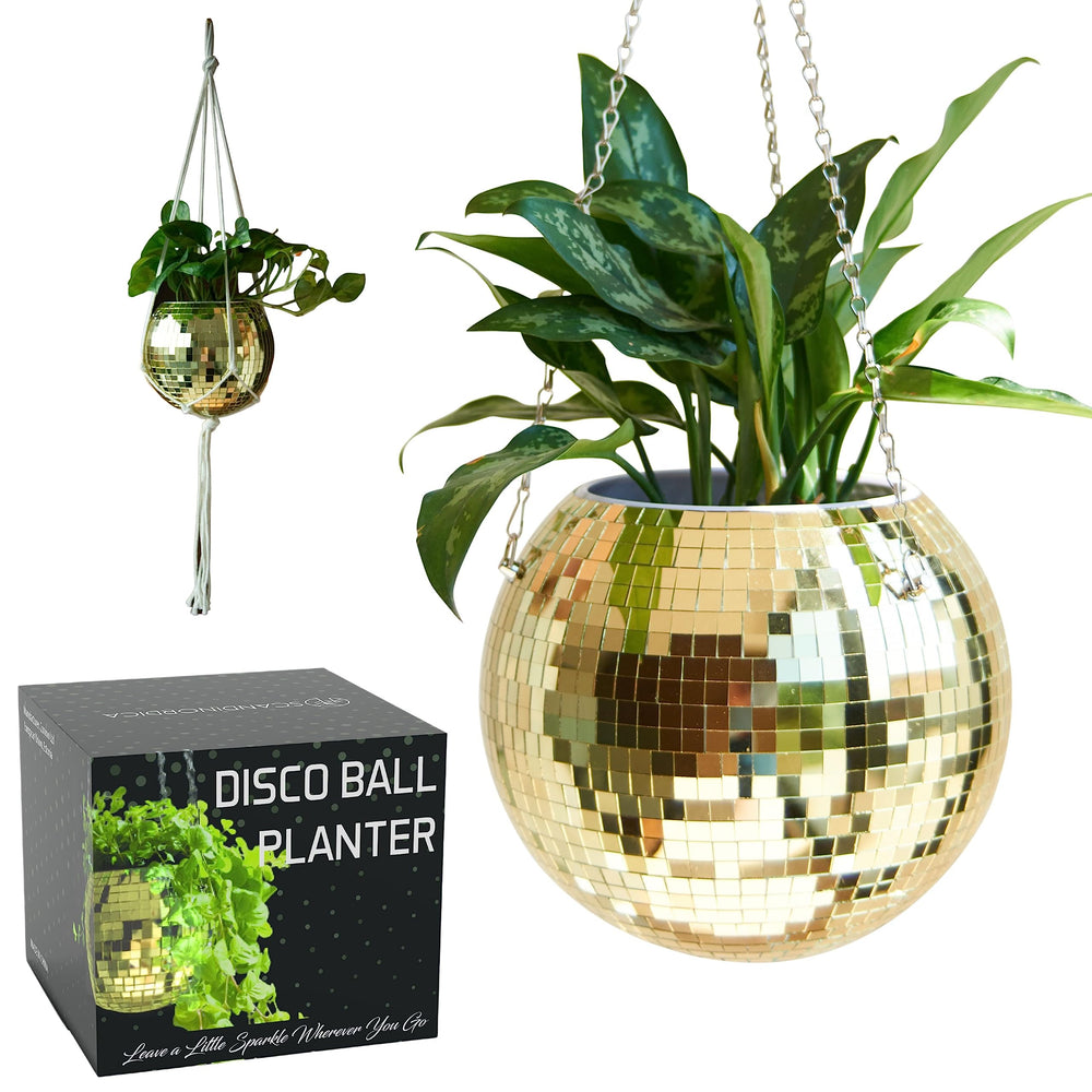 SCANDINORDICA Disco Ball Planter front view with gold mirror tiles