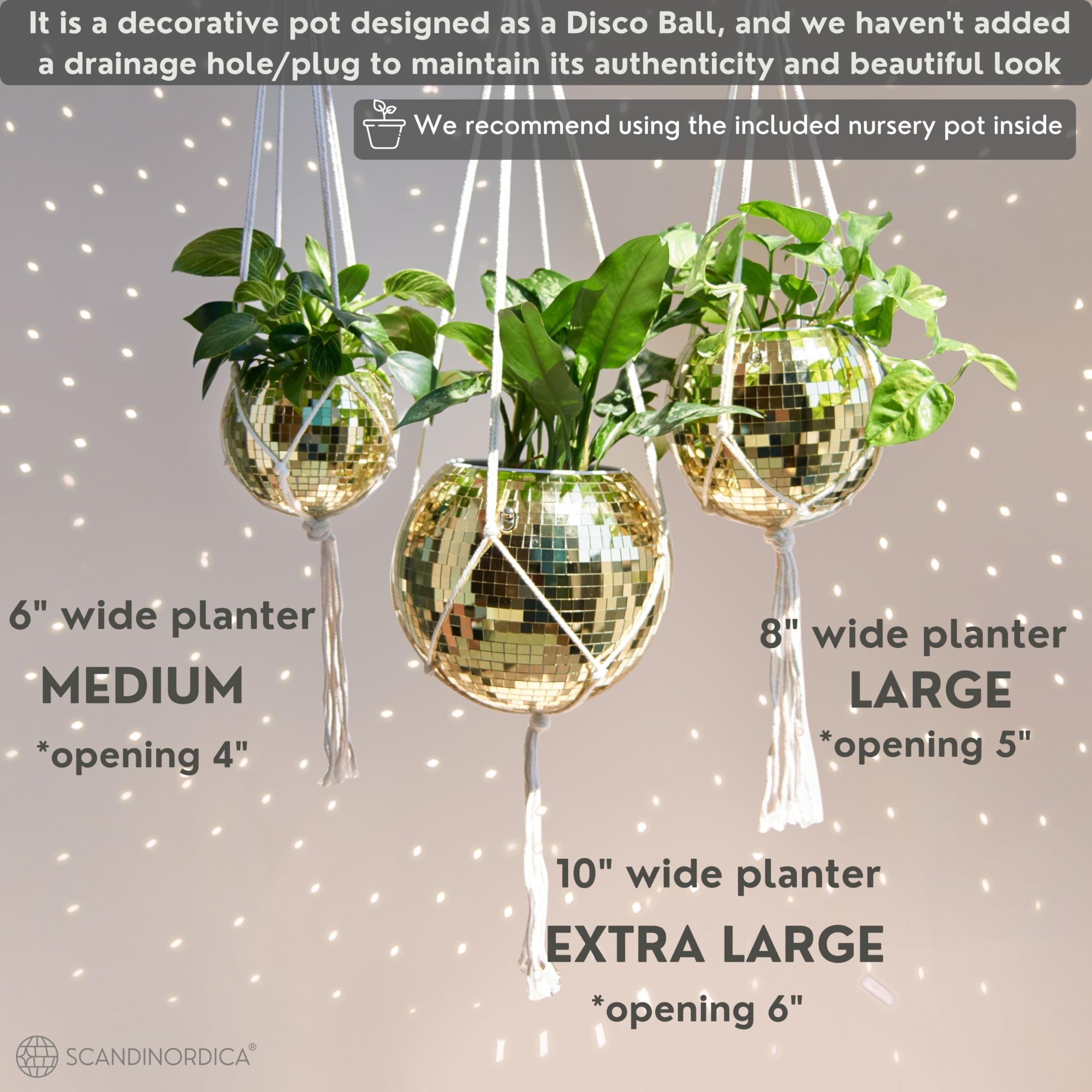 SCANDINORDICA Disco Ball Planter side view showing drainage insert