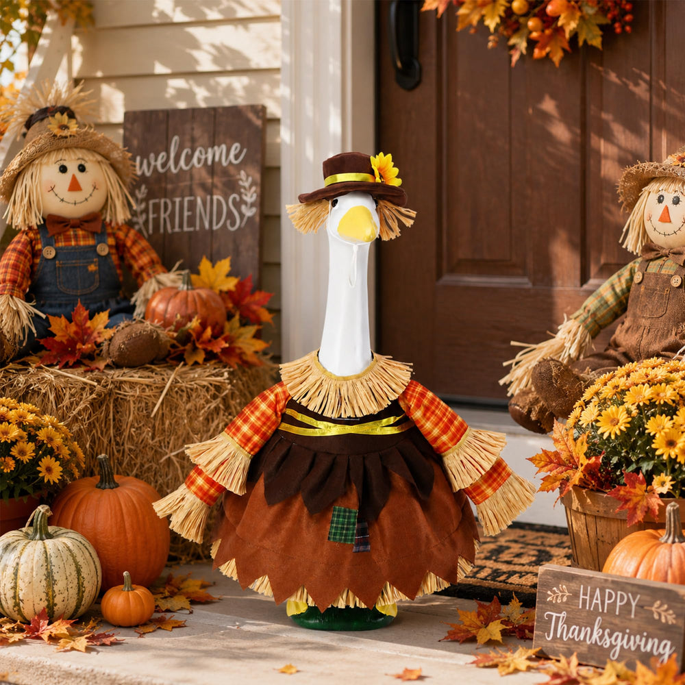 Scarecrow outfit displayed on a 23-inch porch goose