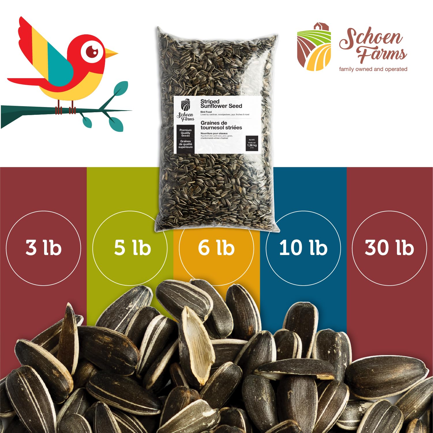 Schoen Farms Striped Sunflower Seeds in bird feeder