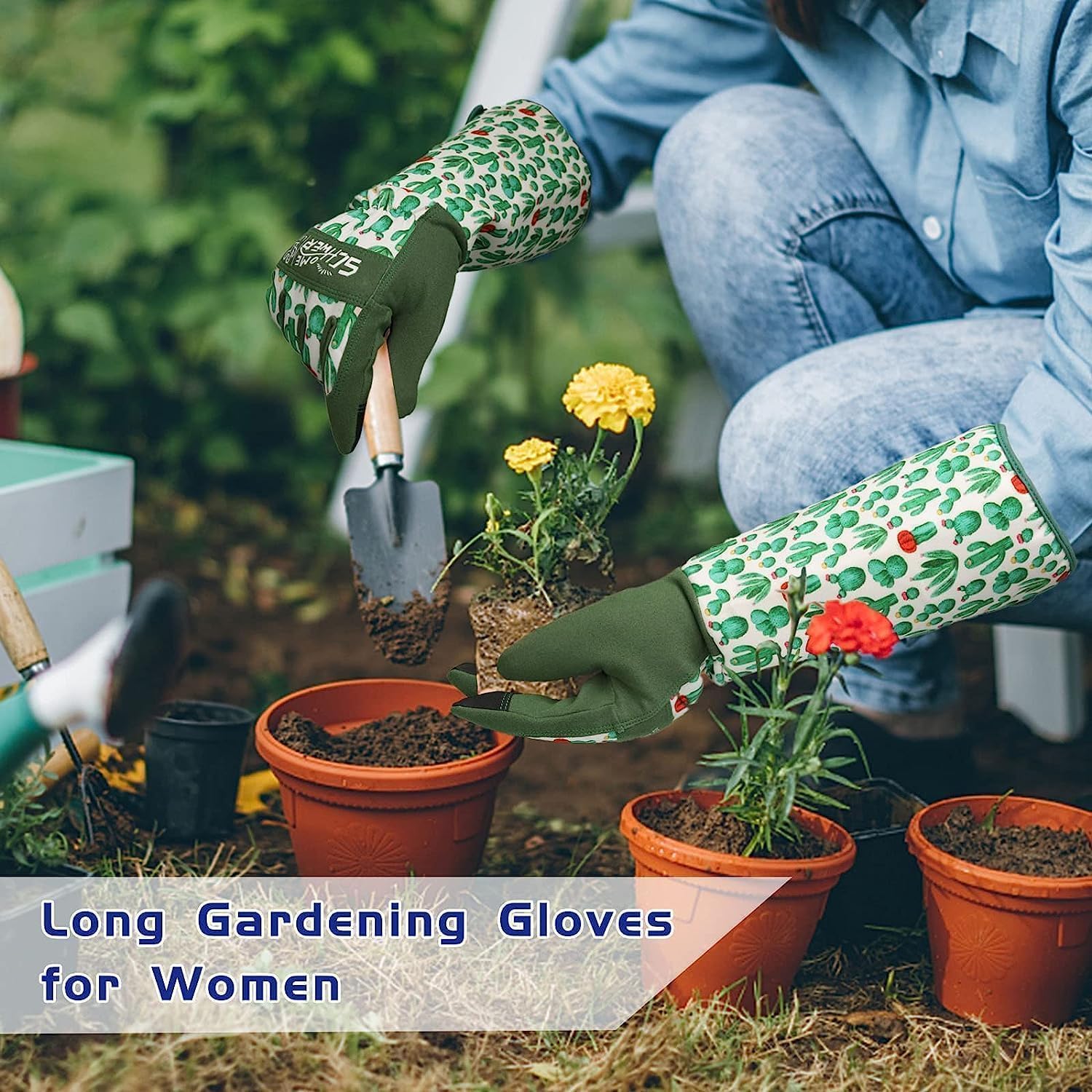 Schwer Gardening Gloves for Women, XL, displayed with flowers and gardening tools