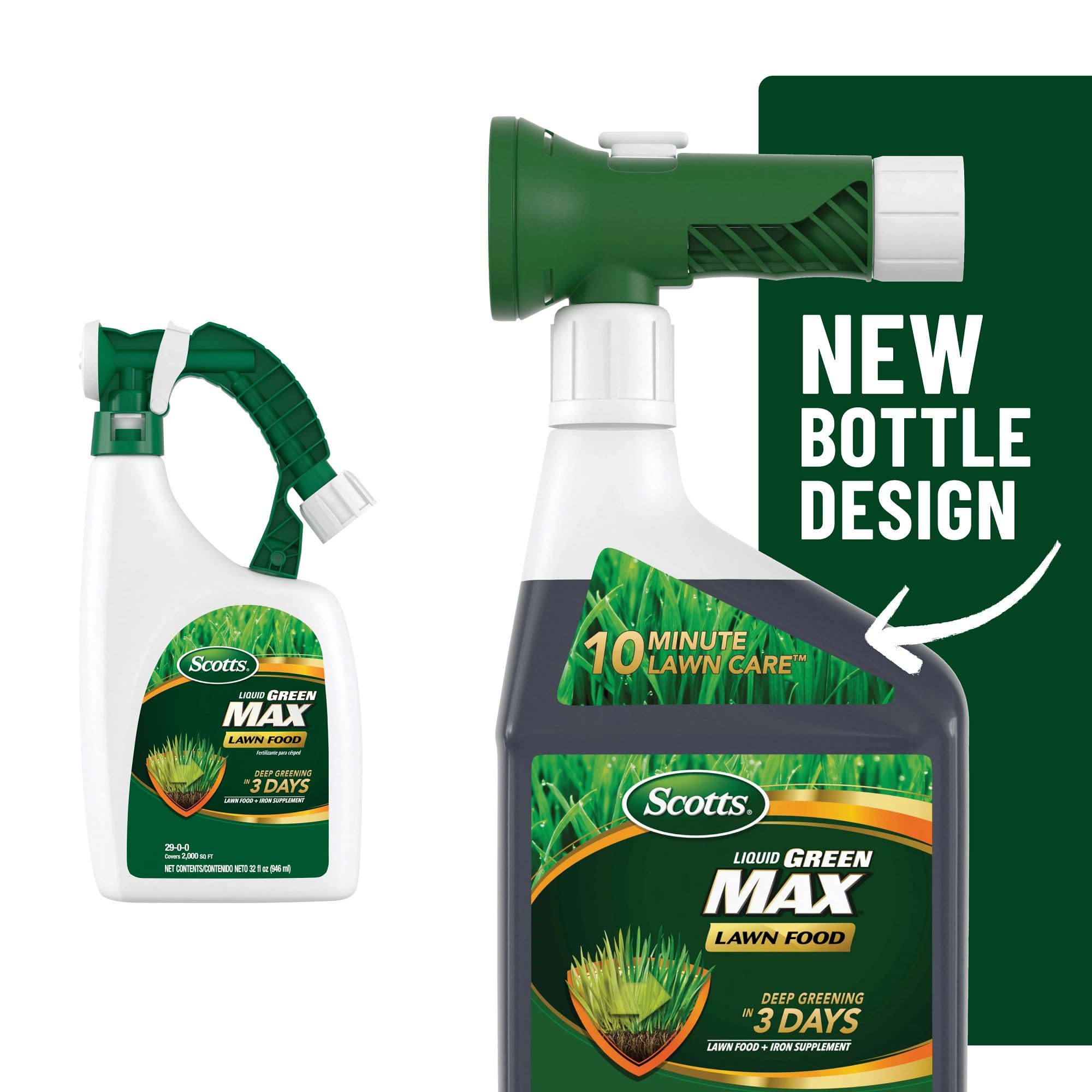 Scotts Lawn Food refill bottle connected to hose for easy application