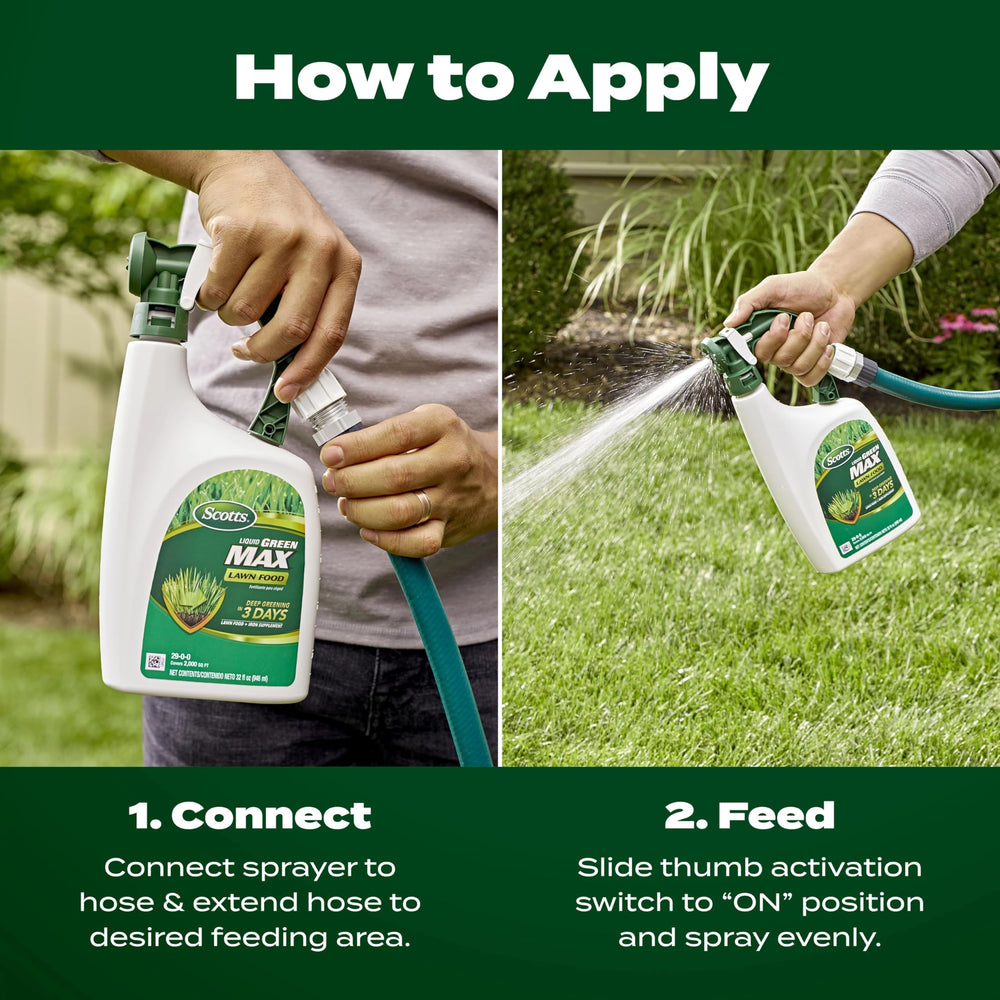 Scotts Liquid Green Max Lawn Food with lush green lawn background