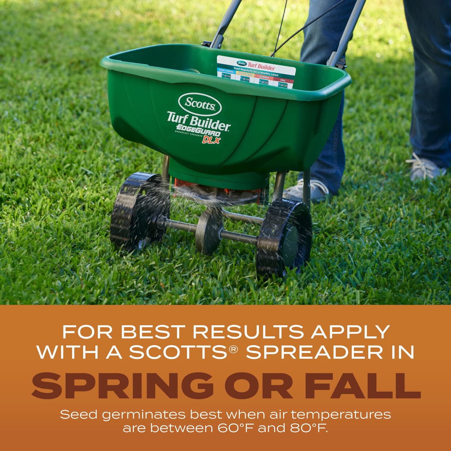 Scotts Turf Builder Grass Seed bag next to a spreader