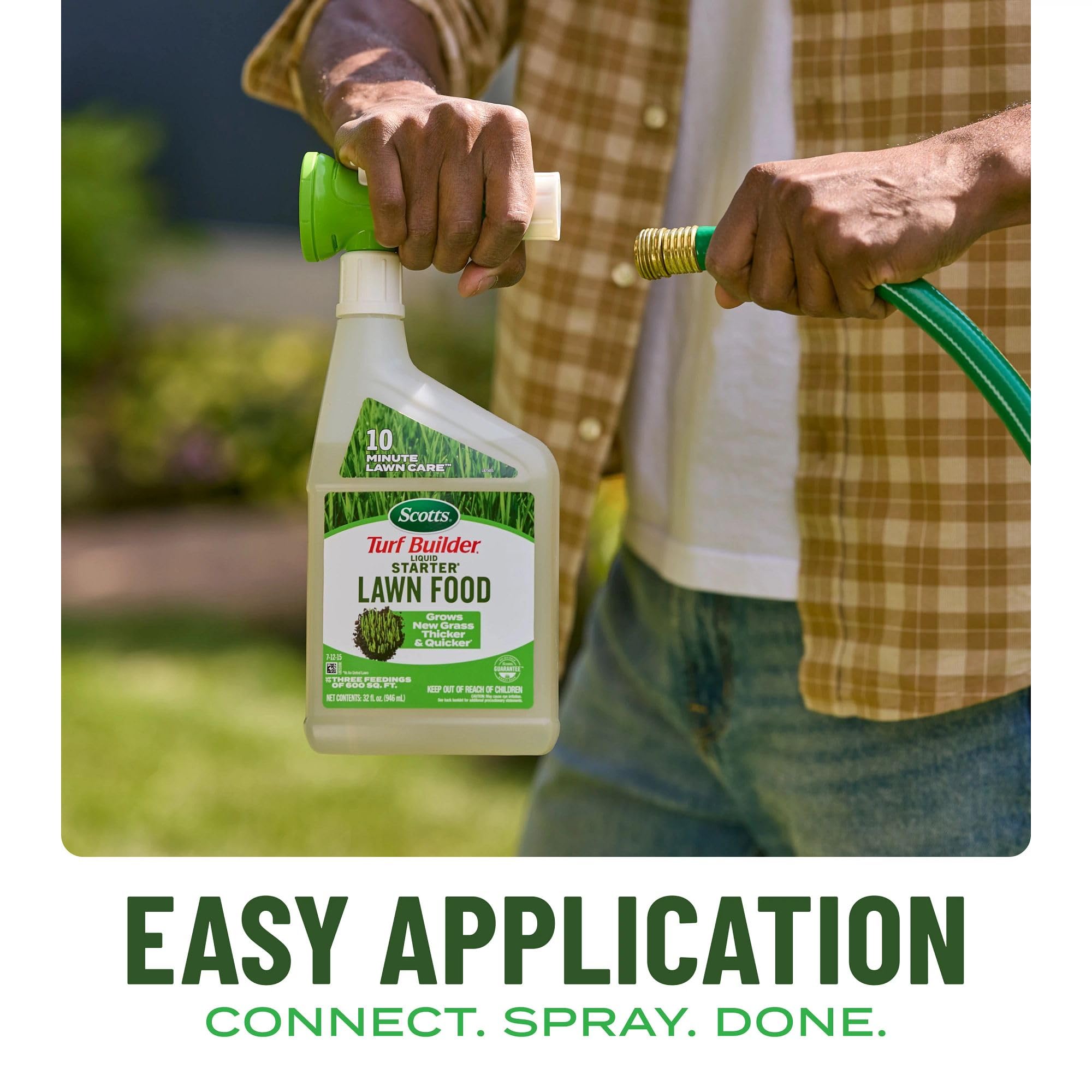 Scotts Turf Builder Liquid Starter Lawn Food bottle with grassy background