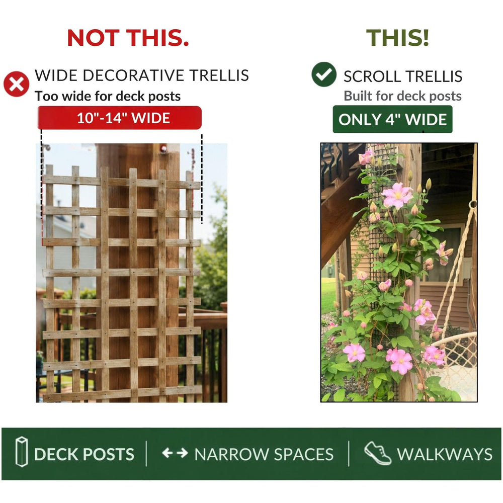 Scroll Trellis installed on a deck post with climbing plants