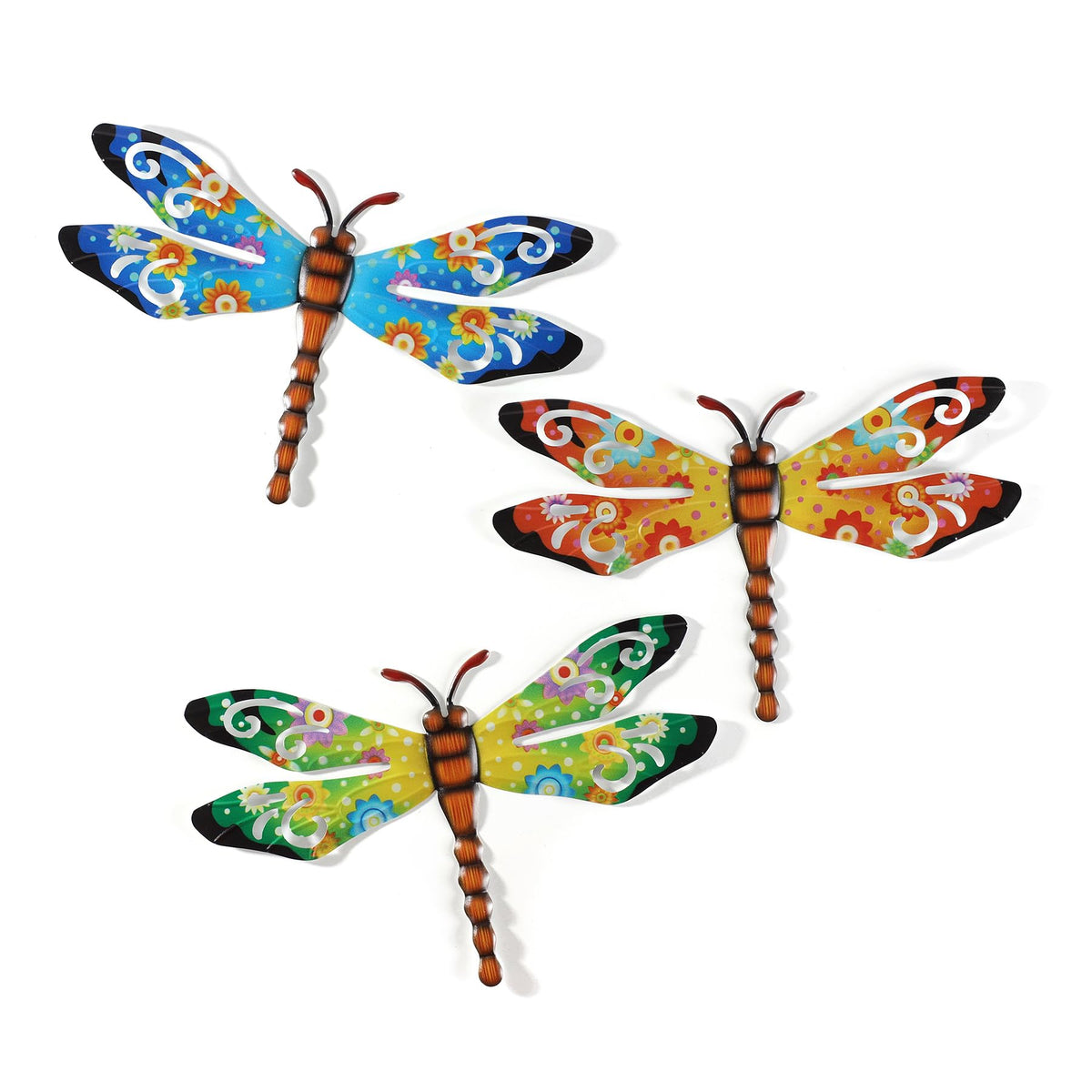 Scwhousi Metal Dragonfly Wall Art set with blue, orange, and green details