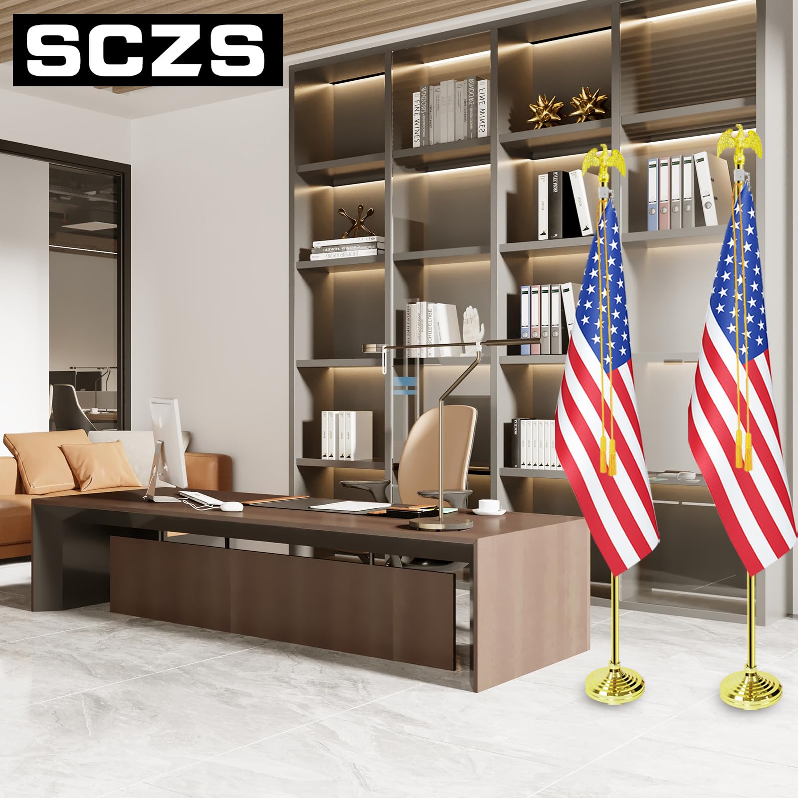 SCZS flagpole set displayed in an office setting