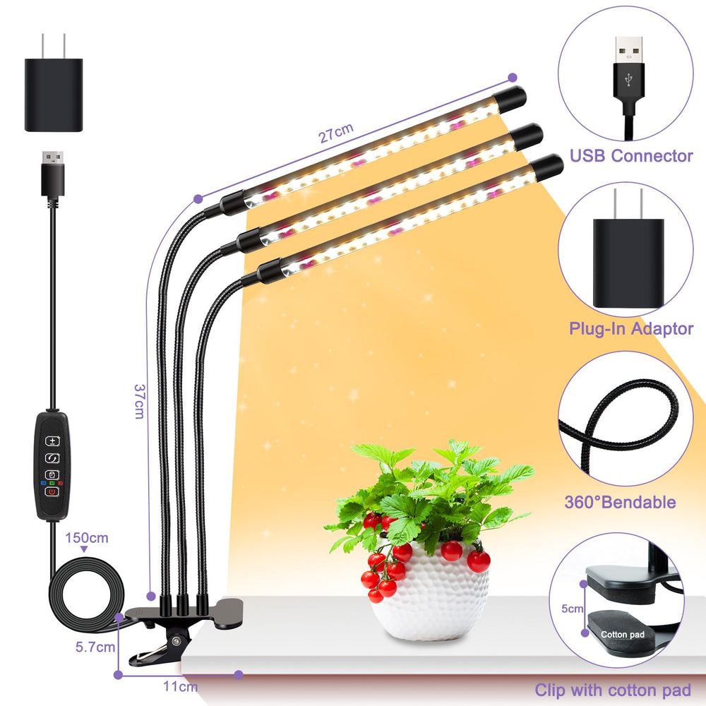 SDOVUERC grow light showing three light heads and USB plug