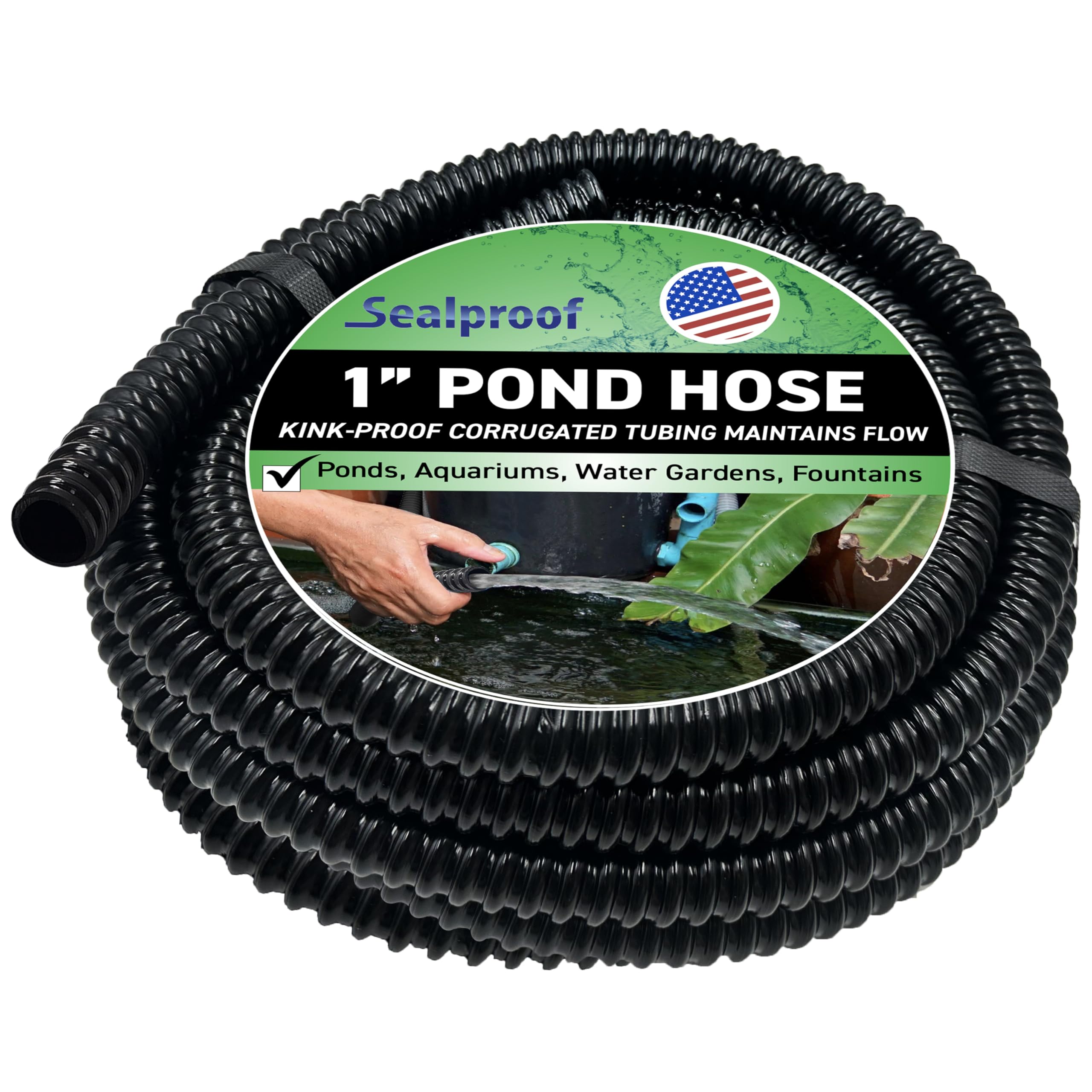 Sealproof 1-inch diameter kinkproof pond tubing 20 feet long, black