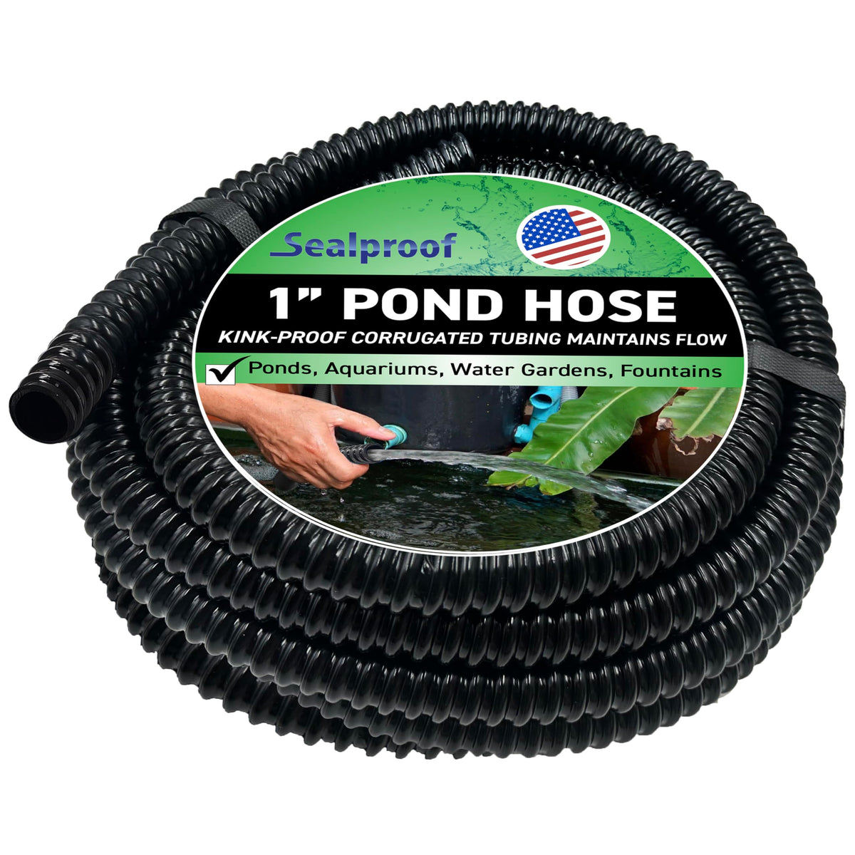 Sealproof 1-inch diameter kinkproof pond tubing 20 feet long, black